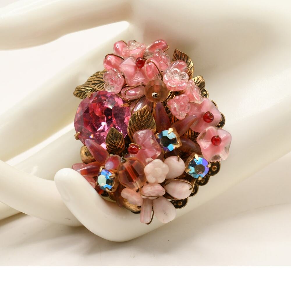 Vintage Pink Art Glass Floral Brooch AB Rhinestone Wired Flower Pin
